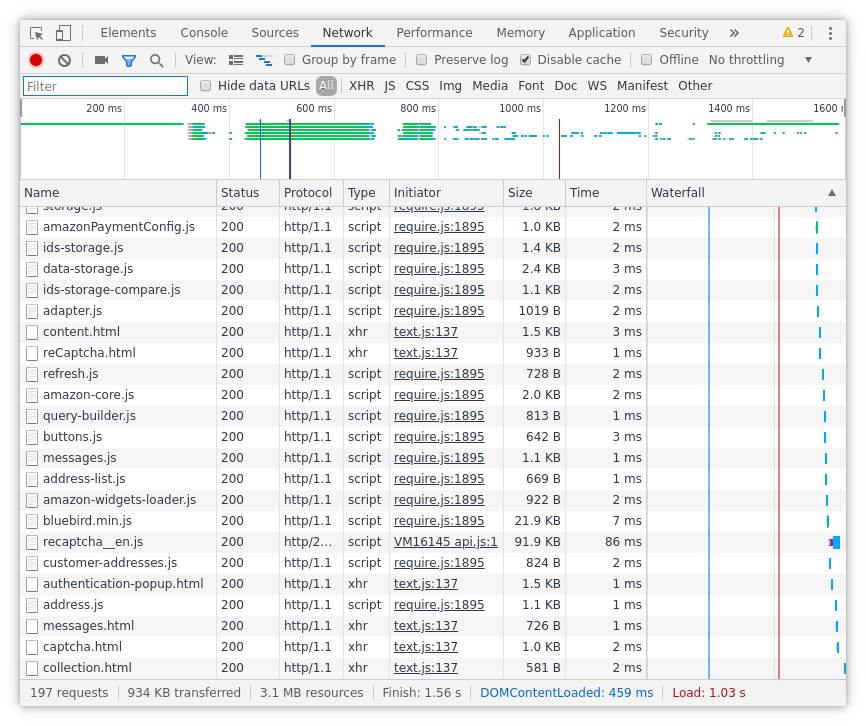 xfs first load of contact page devtools